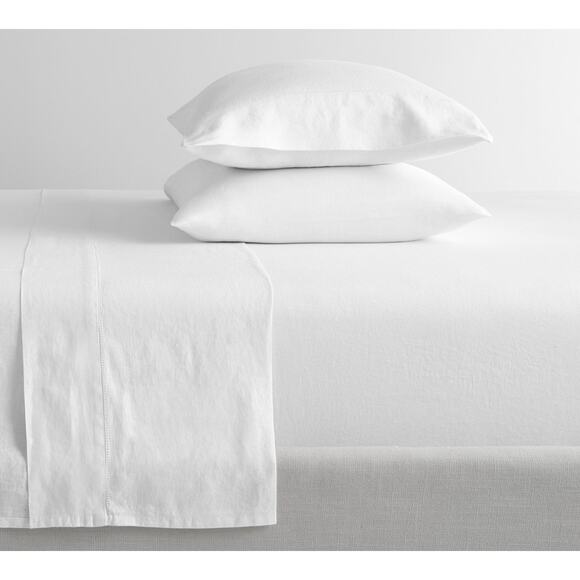 New Pottery Barn White Belgian Flax Linen Hemstitch Sheet Set Pillowcases Queen